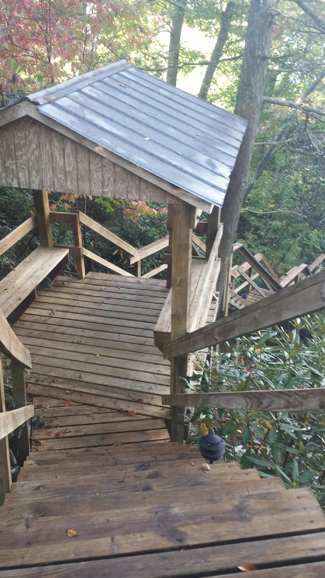 Metal roofed shelter over wooden steps on a wooded walkway — Skylight Repair & Installation work by our crew in Fairbanks